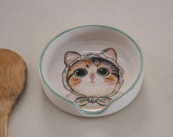 Cat Spoon Rest – Handmade Ceramic Spoon Holder, Illustrated Cat Dish, Cute Cat Kitchen Decor, Gift for Cat Lovers