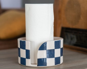 Paper Roll Holder - Towel Rack, Checkered Kitchen Decor, Handmade Ceramic Paper Towel Holder, Freestanding Towel Holder