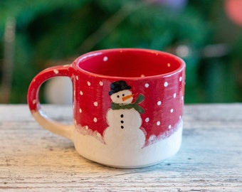 Snowman Christmas Mug, Handmade Ceramic Coffee Mug, New Year Coffee Cup