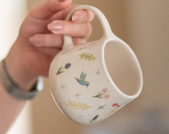 Flowers and Birds Coffee Mug, Handmade Ceramic Cup, Minimalist Housewarming Gift, Flower Mug