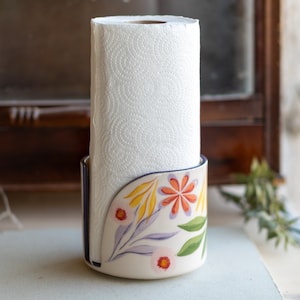 Paper Towel Holder Floral Kitchen Decor, Ceramic Towel Rack Handmade Gift Idea, Gift for Mom Pattern 1