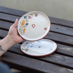 Ceramic Plate Set, Hand Carved Plate, Handmade Dinnerware Sets, Floral Theme Terracotta Plate