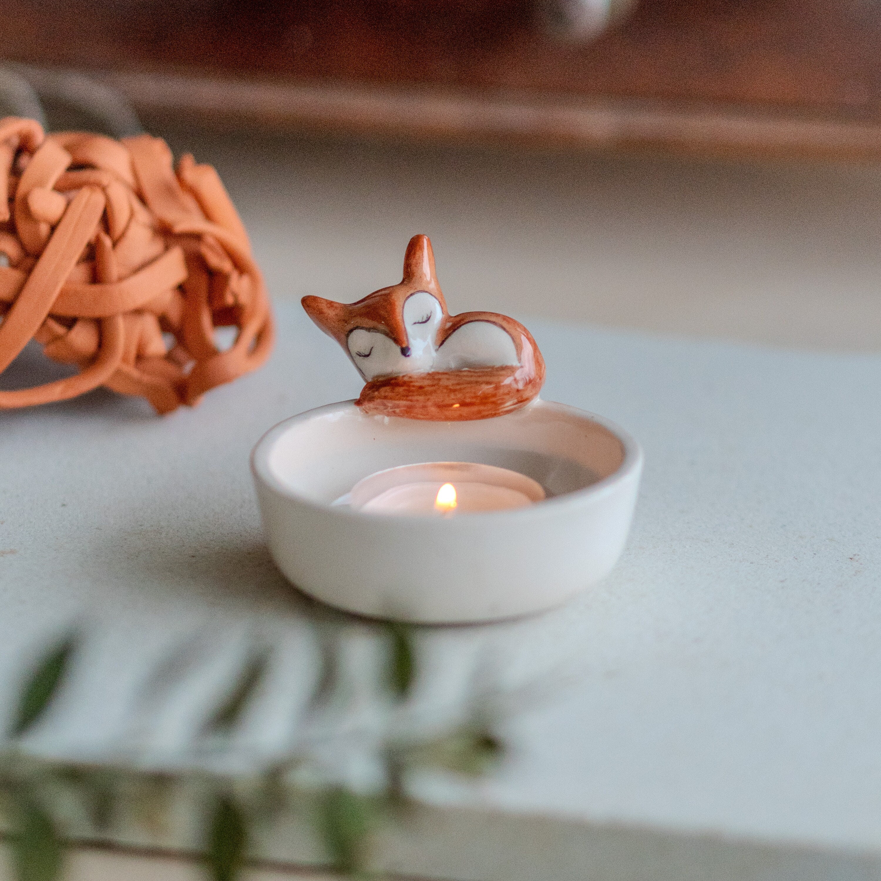 Cute Tea Light Holder - Sleeping Fox Candle Holder, Handmade Home