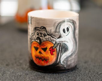 Ghost Killing Pumpkin, Funny Halloween Mug, Pottery Mug, Fall Coffee Mug