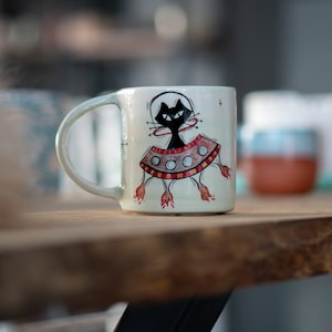 Handmade Atomic Cat Mug - Black Cat Mug, Handmade Ceramic Mug, Pottery Mug, Custom Cat Mug