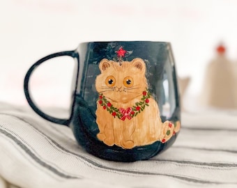 Christmas Coffee Mug, Cute Cat Coffee Mug, Handmade Ceramic Mug, Christmas Gift