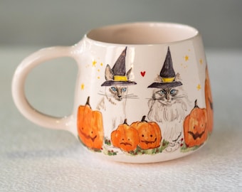 Witch Hat Cat Cute Halloween Mug, Handmade Ceramic Mug, Pumpkin Mug, Fall Mug
