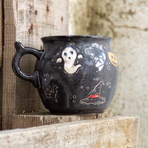 Halloween Mug, Cauldron Ceramic Coffee Mug, Witch Hat - Ghost - Pumpkin Decorated Pottery Mug