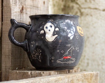 Halloween Mug, Cauldron Ceramic Coffee Mug, Witch Hat - Ghost - Pumpkin Decorated Pottery Mug