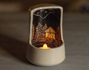 Unique Candle Holder - Handmade Ceramic Tea Light Holder, Rustic Bedroom Decor