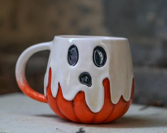 Halloween Pumpkin Mug - Pottery Pumpkin, Pumkin and Ghost Ceramic Mug - NO US TARIFFS