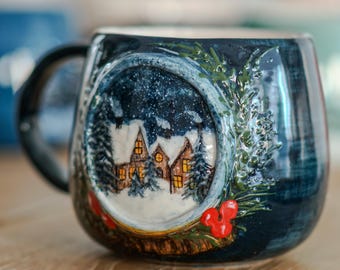 Christmas Night Mug – Handmade Ceramic Christmas Mug, Cozy Pottery Cup with Snowy Winter Design, Holiday Gift Mug