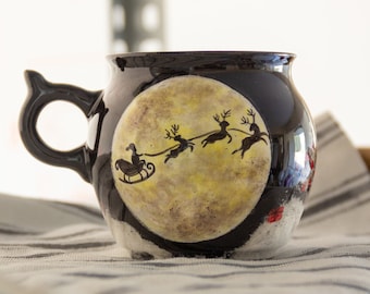 Unique Christmas Mug - Moonlit Santa & Reindeer Silhouette - Perfect Christmas Gift - Handmade Pottery Mug