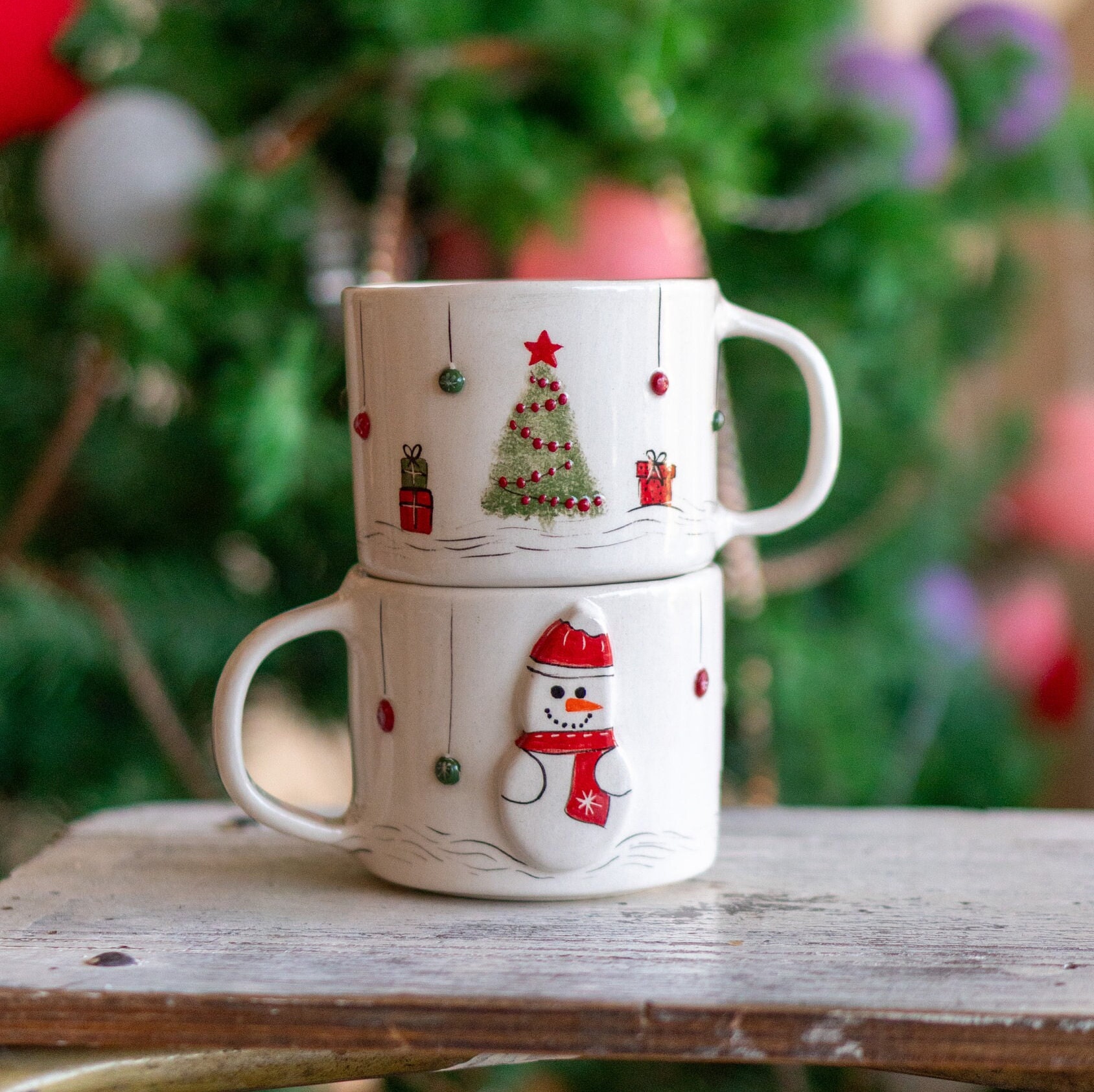 Christmas Coffee Mug - Snowman and Christmas Tree, Handmade Ceramic Mug Single Mug