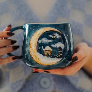 Winter Night Mug – Handmade Ceramic Coffee Mug, Moon & Snow Globe Design, Cozy Christmas Pottery Mug