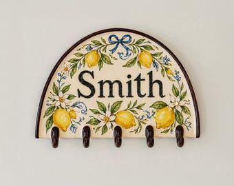 Personalized Ceramic Key Holder, Floral Wall Hooks, Family Name Sign – Lemon Home Decor