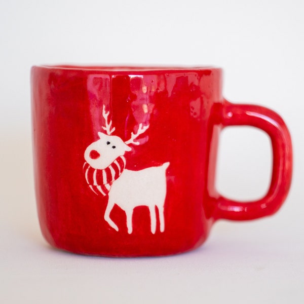 Tasse à café de renne mignonne | Poterie de café animale | Poterie de café rouge - Tasse à café faite et peinte à la main - Produit spécial - Limité