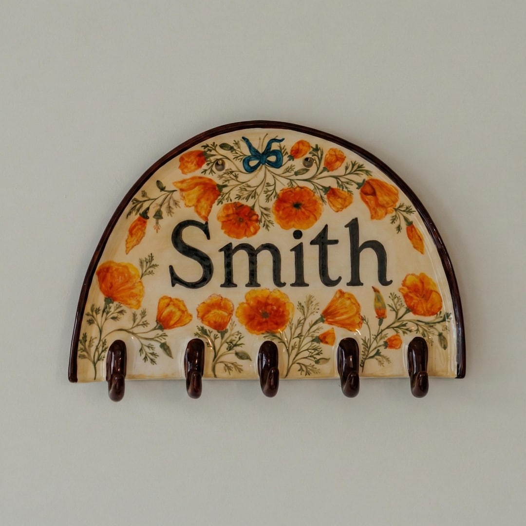 Personalized Ceramic Key Holder With Name – Handmade Floral Wall Hooks ...