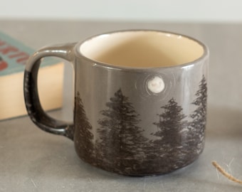 Forest Coffee Mug | Night Theme Coffee Pottery | Handmade Tree Painted Coffee Cup | Large Coffee Mug |  Autumn Mug