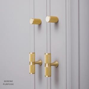 May include: Four gold-coloured cabinet hardware pieces are shown. Two are cylindrical knobs, and two are T-shaped pulls. The hardware has a textured, knurled surface. The words "SERENE PURPOSE" are printed in the lower left corner.