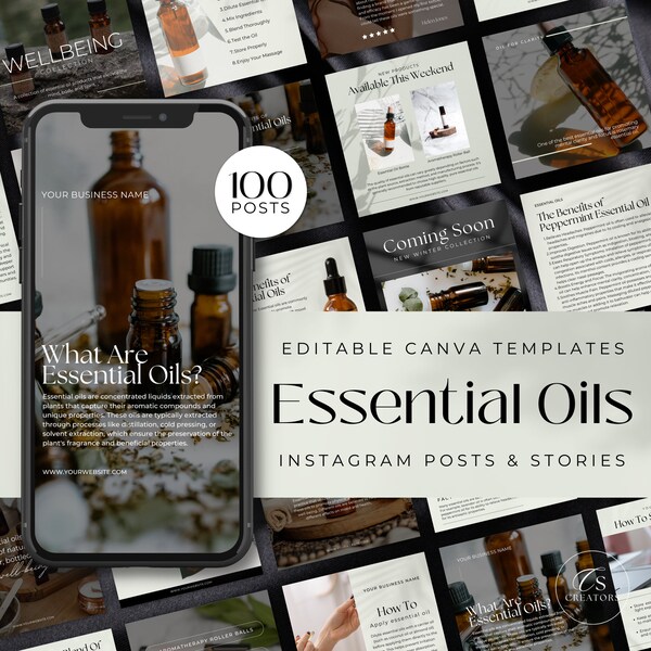 Instagram-Vorlage für ätherische Öle, Instagram-Post-Vorlagen für Aromatherapie, Geschäft mit ätherischen Ölen, Gesundheit und Wellness, bearbeitbare Canva-Vorlage