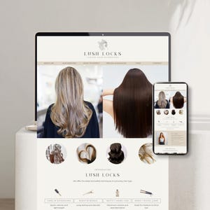 Modello di sito web per specialisti in extension per capelli, modello di sito web Canva modificabile, ottimizzato per dispositivi mobili, cura dei capelli, sito Canva di una pagina, LUSH