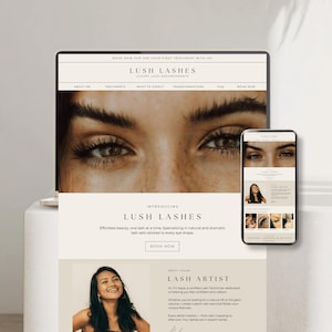 May include: A laptop and smartphone display the website for Lush Lashes, a luxury lash enhancement service. The website features a close-up of eyes with long lashes, and the text "Lush Lashes" and "Book Now".