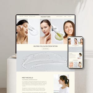 Peut inclure: Un ordinateur portable et un smartphone affichant un site web avec le texte "RADIANT SKIN" et "HELPING YOU GLOW FROM WITHIN." Le site web présente des images de femmes et de produits de soin de la peau. Un gros plan d'un produit de soin de la peau est visible.