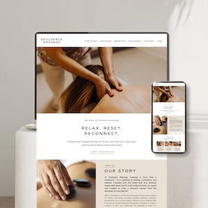 May include: A laptop and smartphone display a website for Soulspace Massage. The website features images of massage therapy and the text "Relax. Reset. Reconnect." The website promotes professional massage therapy for body, mind, and soul.