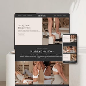 Könnte beinhalten: Ein Laptop und ein Smartphone zeigen eine Website für Pilates-Kurse von "The Studio". Die Website enthält den Text "Strong Core, Stronger You" und "Precision Meets Flow". Das Bild zeigt Personen, die Pilates-Übungen machen.