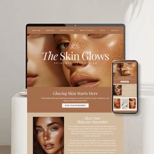 May include: A laptop and smartphone display a website for a skincare technician. The website features the text "The Skin Glows" and "Glowing Skin Starts Here." The design uses a warm color palette with images of glowing skin.