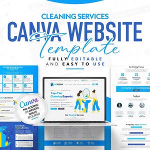 以下が含まれることがあります： 清掃サービス用のCanvaウェブサイトテンプレート。テンプレートは、青と白のカラーパレットで、清掃用品の画像と、ウェブサイトのモックアップを表示したラップトップが特徴です。テキスト「Canvaウェブサイトテンプレート」は、大きく太字で表示されています。テキスト「完全に編集可能で使いやすい」は、タイトルの下に表示されています。