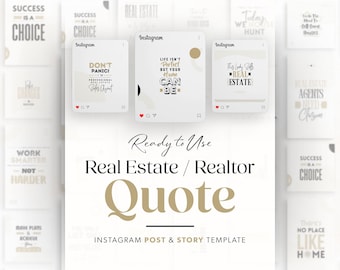 Può includere: Un collage di modelli di post e storie di Instagram per agenti immobiliari e mediatori. I modelli presentano citazioni sul successo, la casa e l'immobiliare. Il testo è di colore dorato e lo sfondo è bianco.