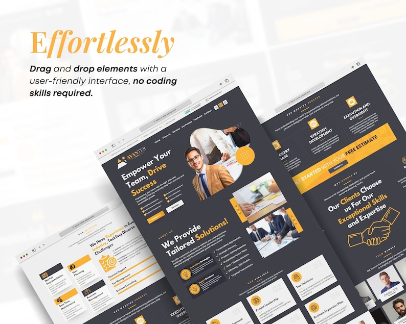 May include: A website design mockup with a dark gray and yellow color scheme. The text reads "Empower Your Team, Drive Success" and "We Provide Tailored Solutions!" The design includes images of people and icons. The top left corner reads "Effortlessly".