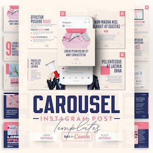 Puede incluir: Un conjunto de 10 plantillas de publicación de carrusel de Instagram con un esquema de color rosa y azul. Las plantillas presentan texto, imágenes e iconos. El texto incluye frases como "Efficitur Posuere Risus", "Nam Magna Nisl Blandit At Egestas" y "Pellentesque At Lacina Urna". Las plantillas están diseñadas para ser utilizadas para el marketing en redes sociales.