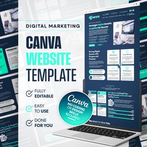 May include: A laptop computer displaying a website template for digital marketing services. The template is designed using Canva and features a blue and green color scheme. The text on the website reads "Strategic Digital Growth, Amplified for Results" and "Driving Digital Success with Purpose and Precision". The website also includes a list of services offered, such as SEO consulting, content marketing, e-commerce solutions, and PPC management. The text on the image reads "Digital Marketing Canva Website Template Fully Editable Easy to Use Done for You Canva No Coding or Design Skills Required We Want to Give You".