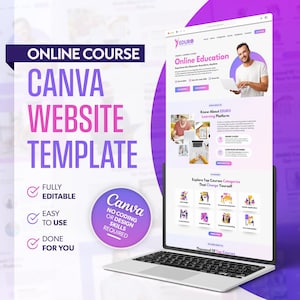 May include: A laptop computer displaying a website template for an online course platform. The website is designed using Canva and features a purple and white color scheme. The text on the website reads "Online Education", "Know About EDURO Learning Platform", and "Explore Top Courses Categories That Change Yourself".