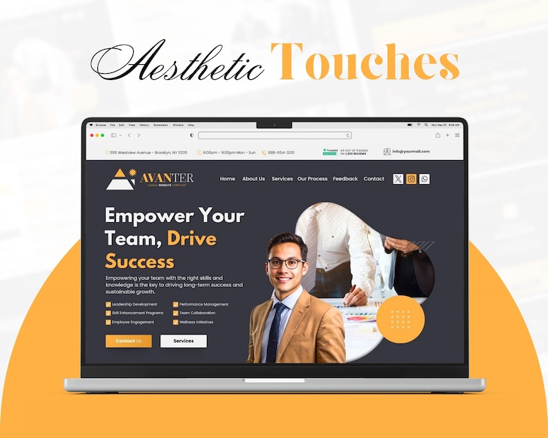 May include: A laptop displays a website with the text "Aesthetic Touches." The website features the logo for "Avanter" and the text "Empower Your Team, Drive Success." A man in a suit and glasses is smiling. The background is a gradient of yellow and orange.
