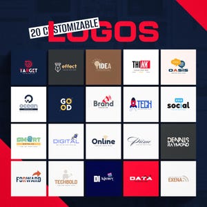 Może przedstawiać: Siatka 20 konfigurowalnych logo o r&oacute;żnych wzorach i schematach kolor&oacute;w. Logo zawierają tekst, taki jak "Target", "Effect", "Idea", "Think", "Oasis", "Ocean", "Good", "Brand", "Tech", "Social", "Smart", "Digital", "Online", "Prime", "Dennis Raymond", "Forward", "Techbold", "Agency", "Data" i "Exena".