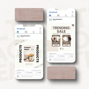 Pu&ograve; includere: Un post sui social media che promuove una vendita di prodotti di tendenza. Il post presenta uno sfondo marrone chiaro con due immagini di prodotti, una di una casa di legno e una di una maglietta bianca. Il testo "Vendita di tendenza" &egrave; in grassetto, nero, con il testo "Sconto fino al 50%" sotto. Il post include anche il numero di mi piace, commenti e condivisioni.