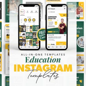 Pode incluir: Uma coleção de modelos de Instagram personalizáveis para educação. Os modelos apresentam um esquema de cores verde e amarelo com texto que diz "Modelos de Instagram para educação" e "Modelos tudo em um".