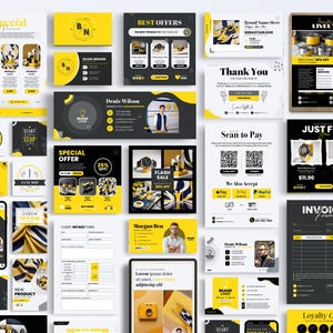 May include: A collection of marketing materials for a business, featuring a black and yellow color scheme. The materials include a logo, a special offer, a client intake form, a loyalty card, and an invoice. The text "Special Offer" and "Just For You" are visible.