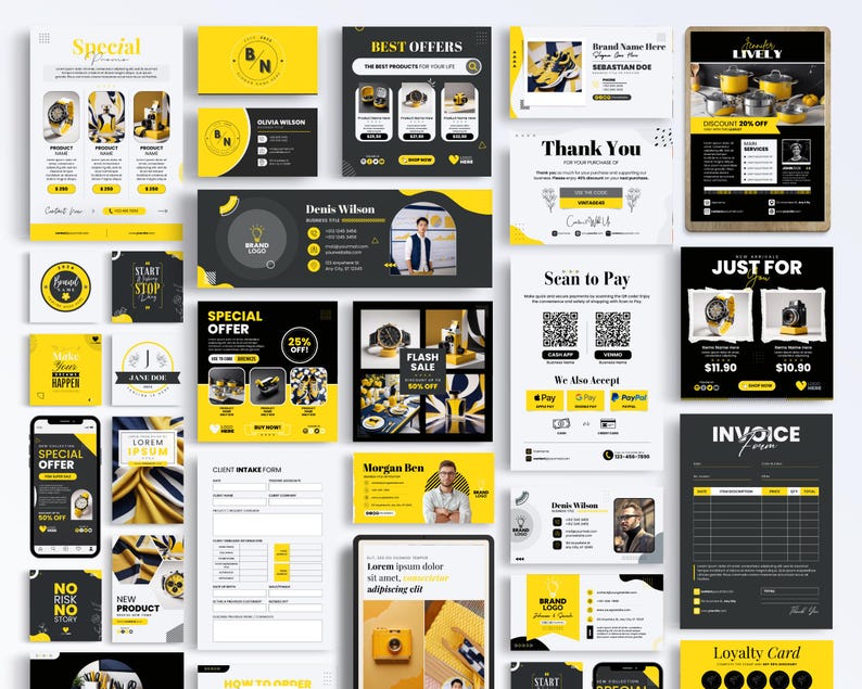 May include: A collection of marketing materials for a business, featuring a black and yellow color scheme. The materials include a logo, a special offer, a client intake form, a loyalty card, and an invoice. The text "Special Offer" and "Just For You" are visible.