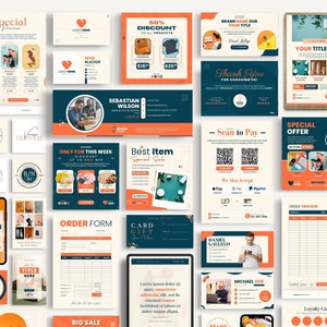 May include: A collection of colorful marketing templates for an online store. The templates feature a variety of designs, including a special offer, a best item sale, an order form, a loyalty card, and a scan to pay option. The templates are designed to be used on social media, email, and other online platforms.