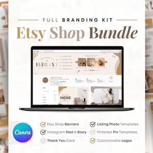 May include: A laptop screen displaying a mockup of an Etsy shop with a branding kit for an online store. The shop name is "Elegant" and the branding kit includes Etsy shop banners, Instagram post and story templates, Pinterest pin templates, thank you cards, and customizable logos. The branding kit is designed in a minimalist style with a neutral color palette of beige, brown, and white.
