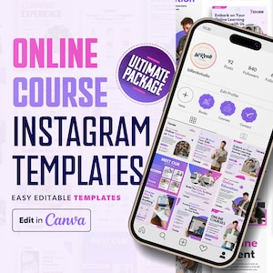 以下が含まれることがあります： オンラインコース用のInstagram投稿テンプレートのコレクション。テンプレートは、紫とピンクのカラーパレットで、「オンラインコースInstagramテンプレート」と「簡単に編集できるテンプレート」というテキストが書かれています。テンプレートは、Instagramアプリが開かれたスマートフォンの画面に表示されます。テンプレートには、「オンラインコース」、「チーム紹介」、「ビジネスを推進するためのスキルを構築」、「オンライン教育」、「オンラインコース」などのテキストが含まれています。