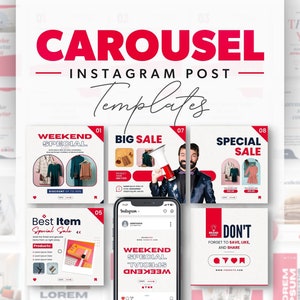 May include: A set of nine Instagram post templates for promoting a clothing sale. The templates feature a variety of designs, including a weekend special, a big sale, and a special sale. The templates also include text such as "Weekend Special", "Big Sale", and "Special Sale".