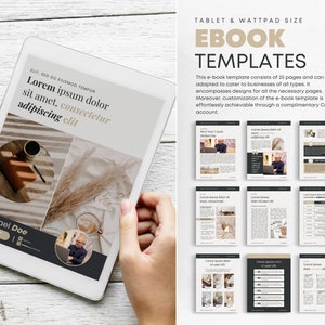 May include: A tablet screen displaying a digital ebook template with a beige and black color scheme. The template features a title page with the text "EBOOK TEMPLATES" and a description of the template. The template includes 25 pages and can be adapted to cater to businesses of all types. The template also includes designs for all the necessary pages. The template is customizable through a complimentary Canva account.
