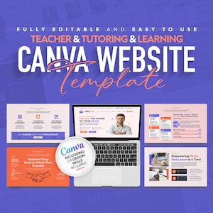Pode incluir: Um modelo de site Canva para professores e tutores. O modelo apresenta um laptop com um design de site, um gráfico rosa e laranja com o texto "Empower Every Student, Unlock Their Potential", e um gráfico rosa e azul com o texto "Empowering Minds, One Lesson at a Time!"