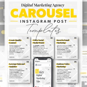 以下が含まれることがあります： デジタルマーケティングエージェンシー向けの、9つのInstagram投稿テンプレートのカラセルです。各テンプレートは、白地に黄色と黒のデザインで、番号付きのヒントリストが掲載されています。ヒントには、質の高いコンテンツの作成、ソーシャルメディアの賢明な活用、メールマーケティングへの投資、データと分析の活用、ビデオマーケティングの採用などがあります。